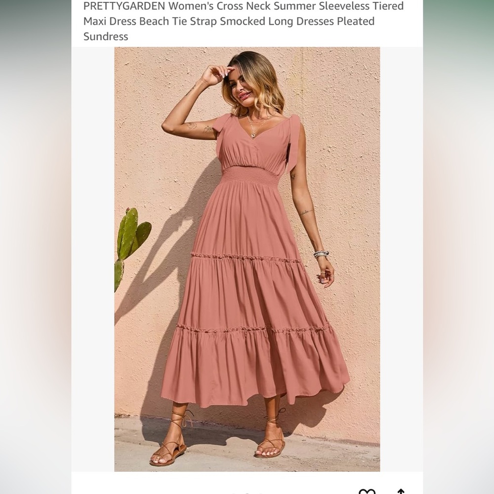 Beautiful blush color tiered maxi dress with tie shoulders